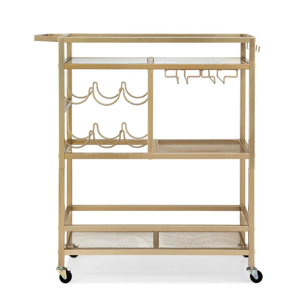Artiss Bar Cart Drinks Trolley Serving Wine Rack Glass Holder 3 Hooks 72cm Gold - Mekamart Australia