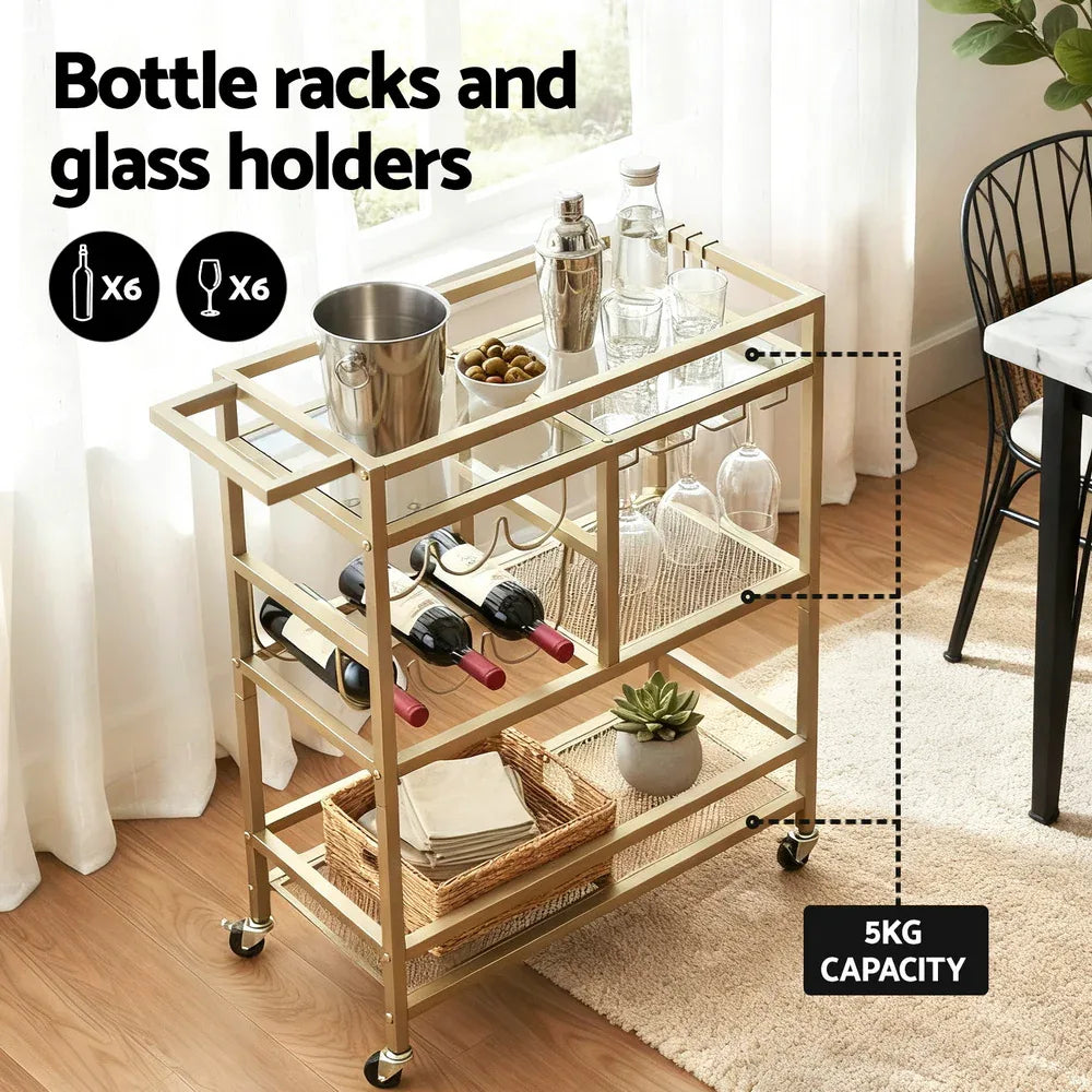 Artiss Bar Cart Drinks Trolley Serving Wine Rack Glass Holder 3 Hooks 72cm Gold - Mekamart Australia