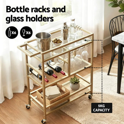 Artiss Bar Cart Drinks Trolley Serving Wine Rack Glass Holder 3 Hooks 72cm Gold - Mekamart Australia