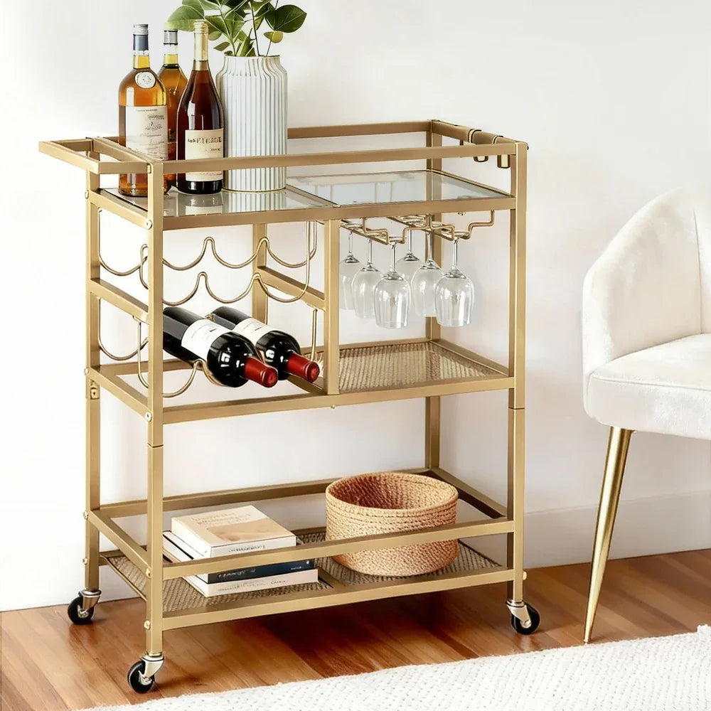 Artiss Bar Cart Drinks Trolley Serving Wine Rack Glass Holder 3 Hooks 72cm Gold - Mekamart Australia