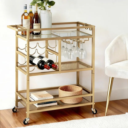 Artiss Bar Cart Drinks Trolley Serving Wine Rack Glass Holder 3 Hooks 72cm Gold - Mekamart Australia