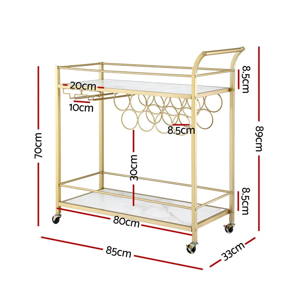 Artiss Bar Cart Drinks Trolley Serving Wine Rack Glass Holder Marble 85cm Gold - Mekamart Australia