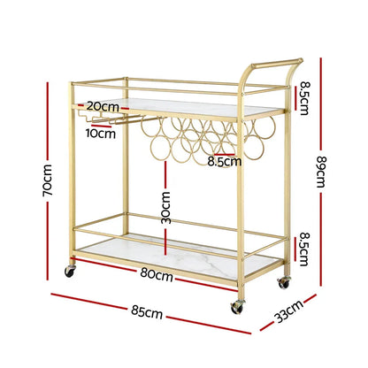 Artiss Bar Cart Drinks Trolley Serving Wine Rack Glass Holder Marble 85cm Gold - Mekamart Australia