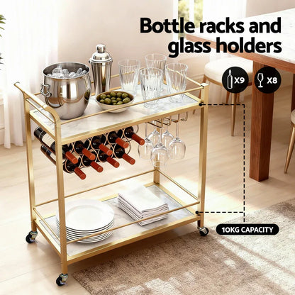 Artiss Bar Cart Drinks Trolley Serving Wine Rack Glass Holder Marble 85cm Gold - Mekamart Australia