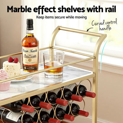 Artiss Bar Cart Drinks Trolley Serving Wine Rack Glass Holder Marble 85cm Gold - Mekamart Australia
