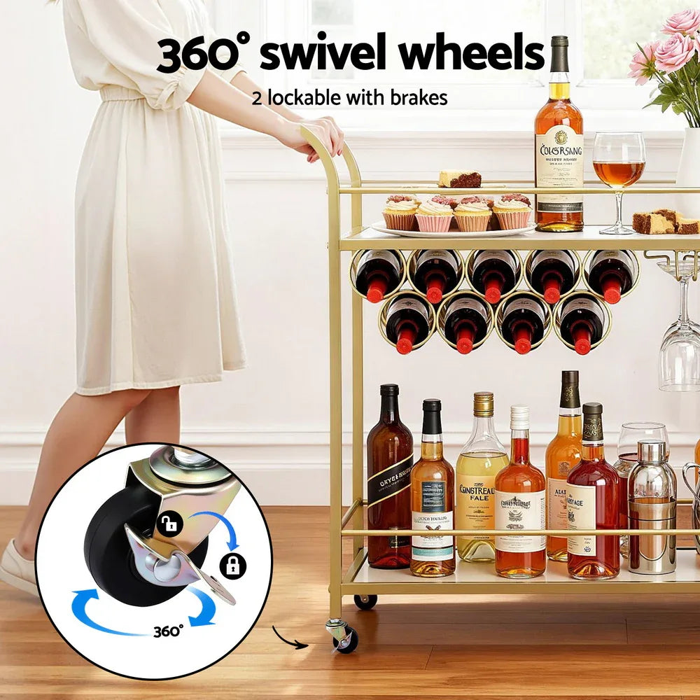 Artiss Bar Cart Drinks Trolley Serving Wine Rack Glass Holder Marble 85cm Gold - Mekamart Australia