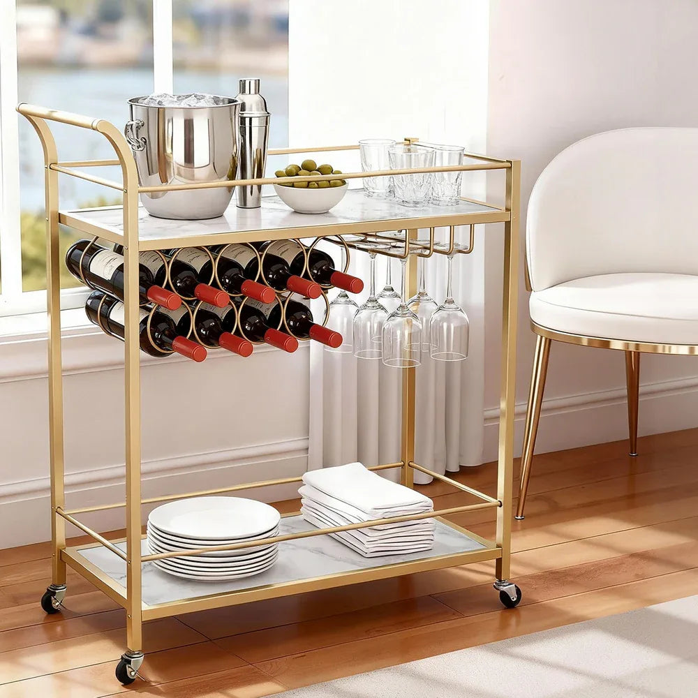 Artiss Bar Cart Drinks Trolley Serving Wine Rack Glass Holder Marble 85cm Gold - Mekamart Australia