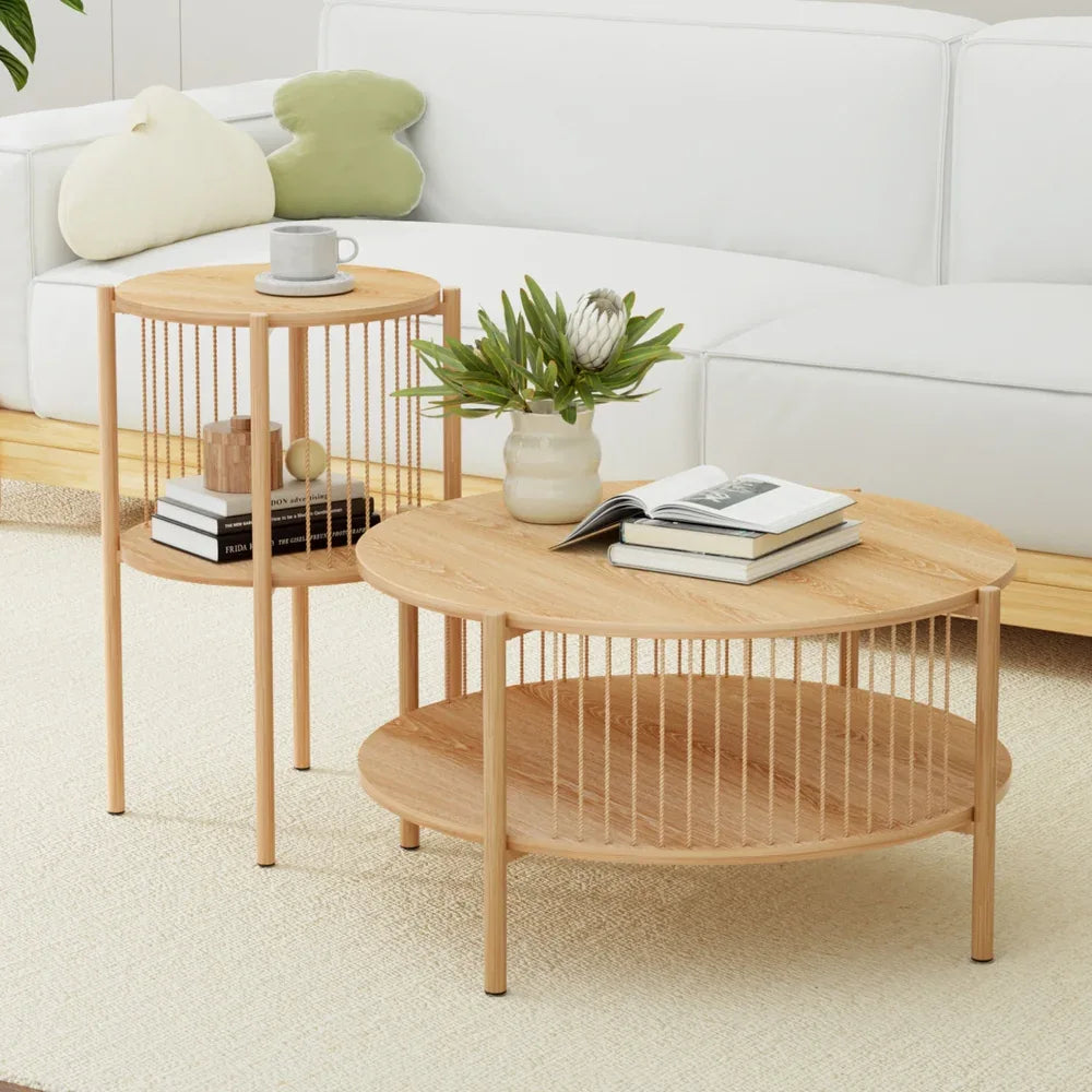 Artiss Coffee Table 2-Tier Round Wood - Mekamart Australia