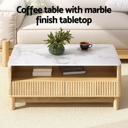 Artiss Coffee Table Drawer Shelf Marble Effect Wood&White - Mekamart Australia