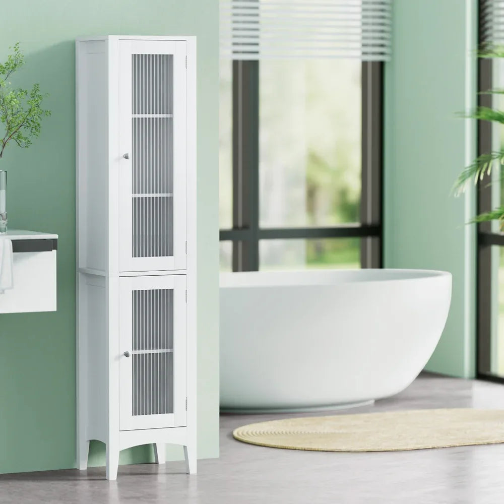 Artiss Bathroom Storage Cabinet 160cm Tall Slim Floor Cupboard Toilet Glass Door White - Mekamart Australia