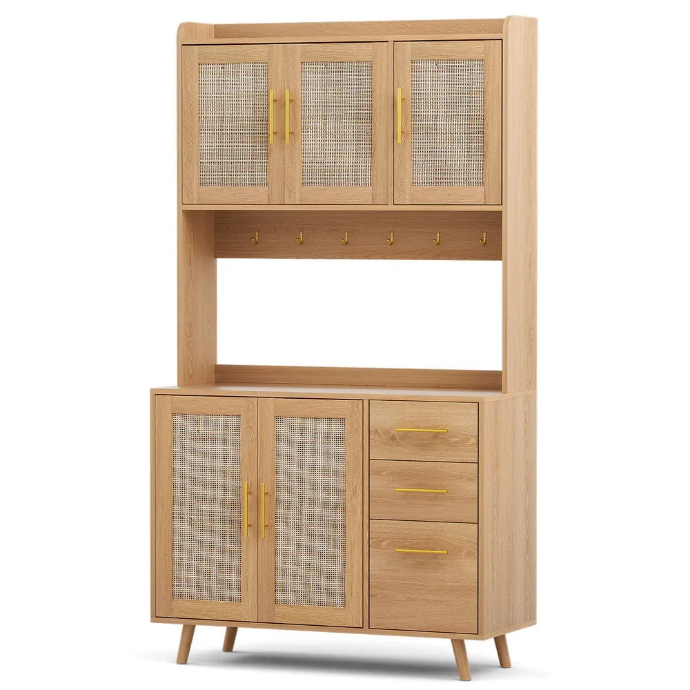 Artiss Buffet Sideboard Hutch Storage Cabinet Kitchen Cupboard Hooks Rattan Pine - Mekamart Australia