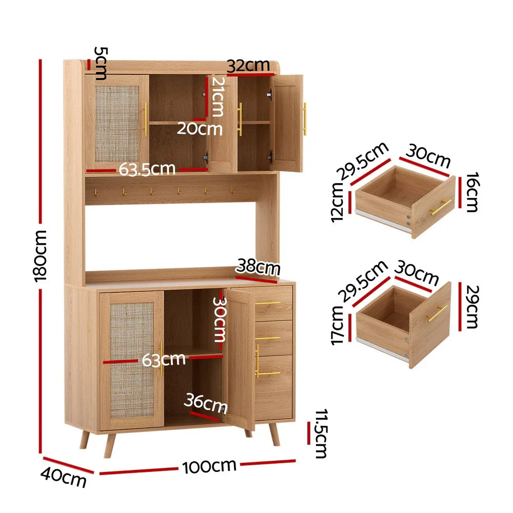 Artiss Buffet Sideboard Hutch Storage Cabinet Kitchen Cupboard Hooks Rattan Pine - Mekamart Australia
