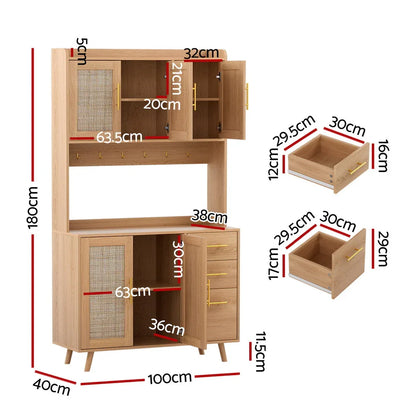 Artiss Buffet Sideboard Hutch Storage Cabinet Kitchen Cupboard Hooks Rattan Pine - Mekamart Australia