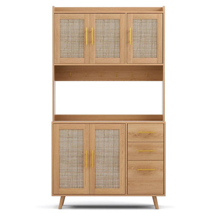 Artiss Buffet Sideboard Hutch Storage Cabinet Kitchen Cupboard Hooks Rattan Pine - Mekamart Australia