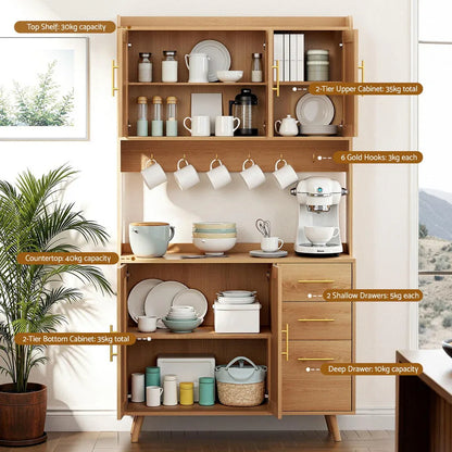 Artiss Buffet Sideboard Hutch Storage Cabinet Kitchen Cupboard Hooks Rattan Pine - Mekamart Australia