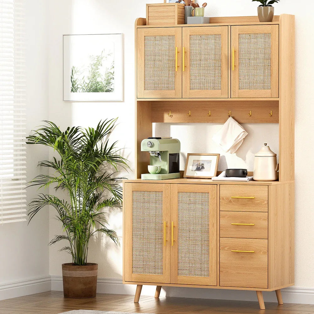Artiss Buffet Sideboard Hutch Storage Cabinet Kitchen Cupboard Hooks Rattan Pine - Mekamart Australia