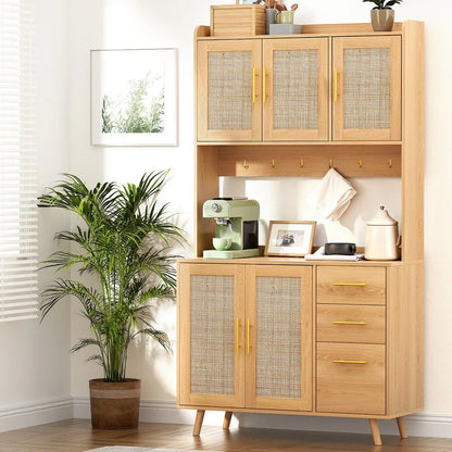 Artiss Buffet Sideboard Hutch Storage Cabinet Kitchen Cupboard Hooks Rattan Pine - Mekamart Australia