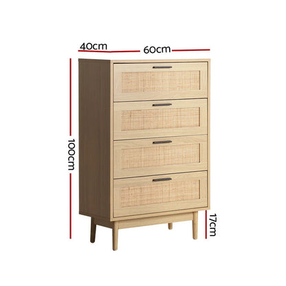Artiss 4 Chest of Drawers Rattan Tallboy Pine - BRIONY - Mekamart Australia