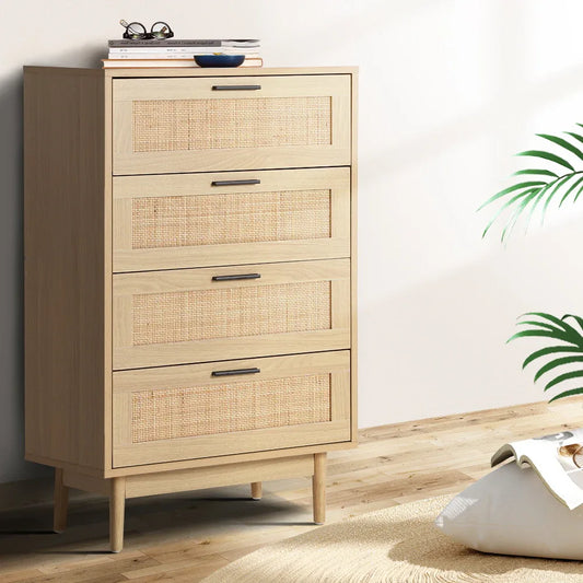 Artiss 4 Chest of Drawers Rattan Tallboy Pine - BRIONY - Mekamart Australia