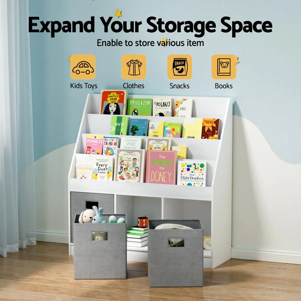 Keezi Kids Bookshelf 4 Tiers Magazine Rack Toy Box Organiser Storage Display Shelf - Mekamart Australia