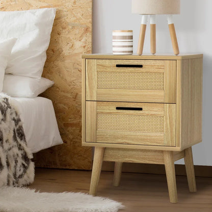 Artiss Rattan Bedside Table 2 Drawers Wood - RIE Oak - Mekamart Australia