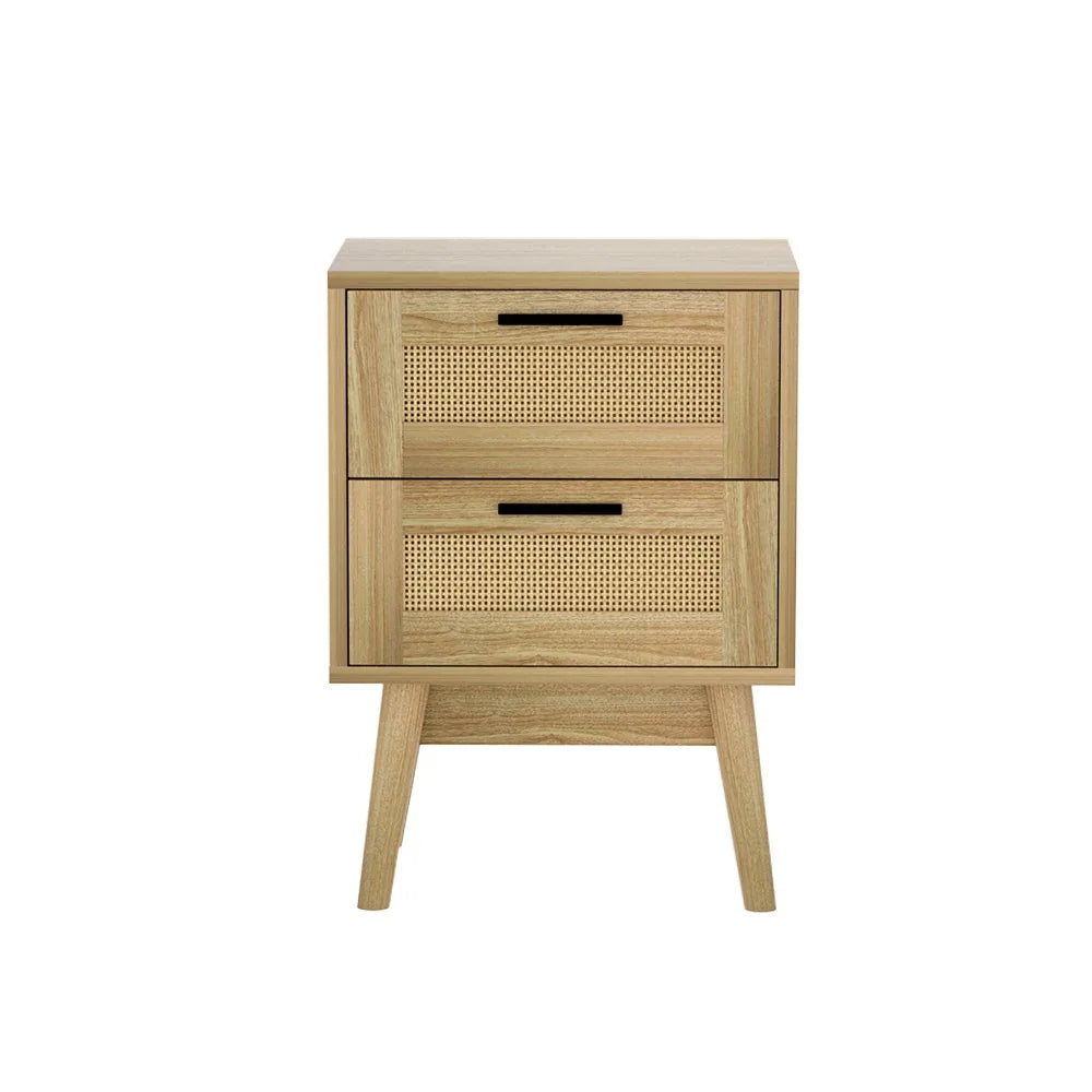 Artiss Rattan Bedside Table 2 Drawers Wood - RIE Oak - Mekamart Australia