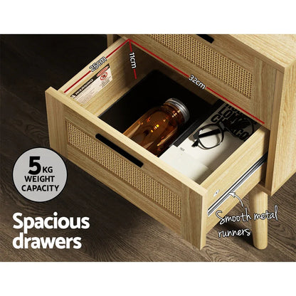 Artiss Rattan Bedside Table 2 Drawers Wood - RIE Oak - Mekamart Australia