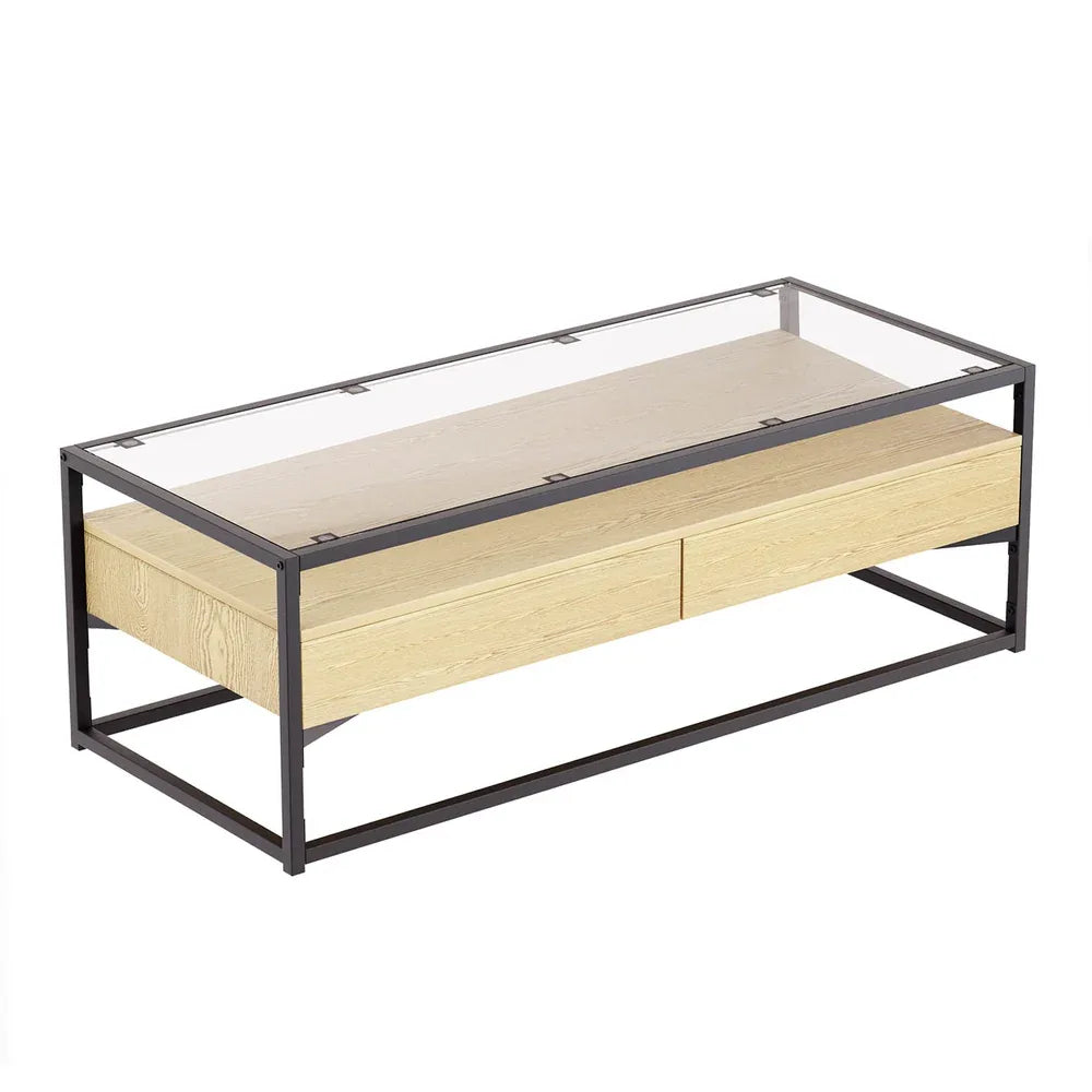 Artiss Coffee Table 2 Drawers Glass Tabletop Pine - Mekamart Australia