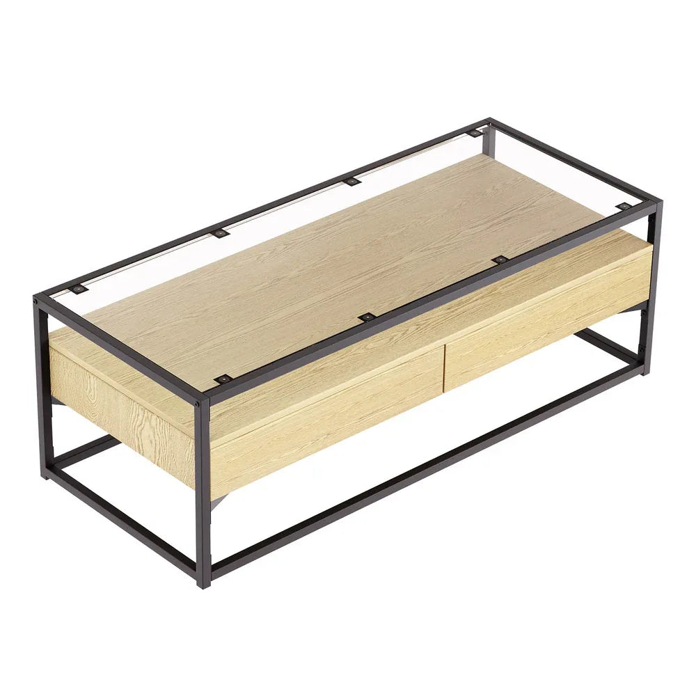 Artiss Coffee Table 2 Drawers Glass Tabletop Pine - Mekamart Australia