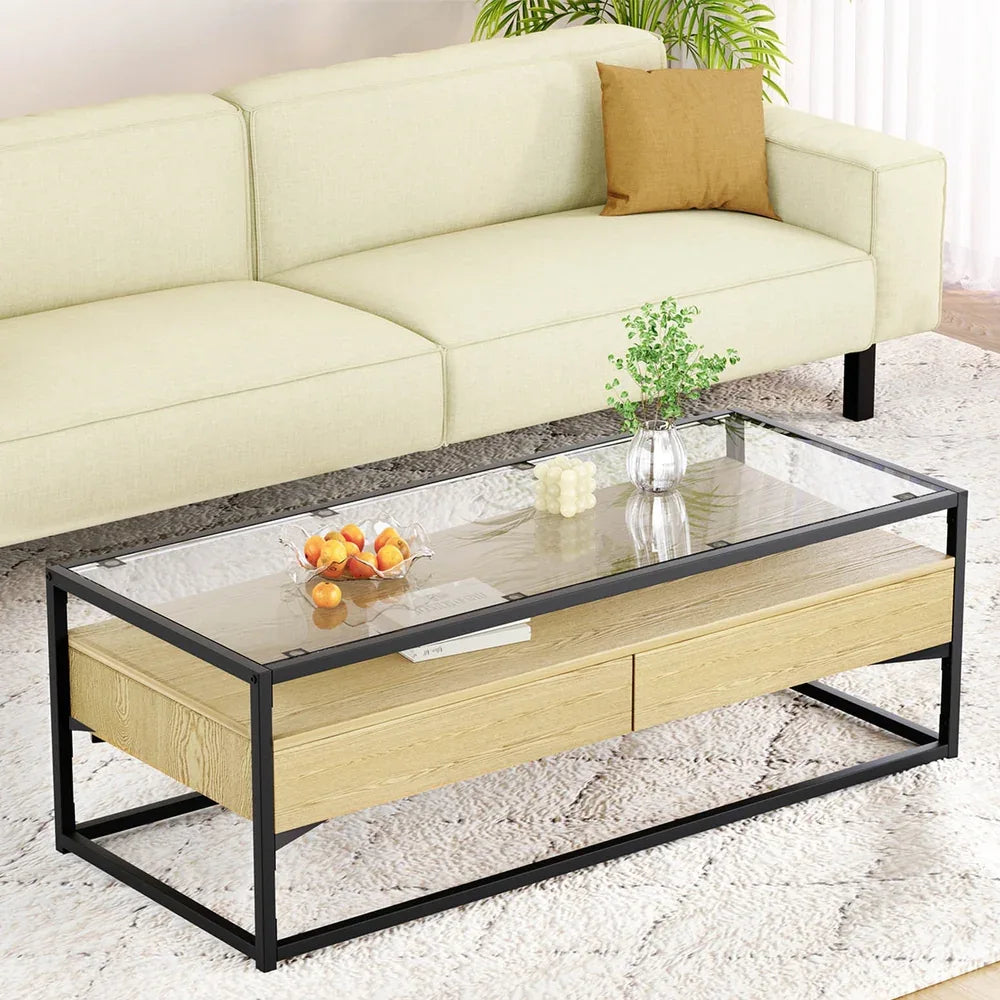 Artiss Coffee Table 2 Drawers Glass Tabletop Pine - Mekamart Australia