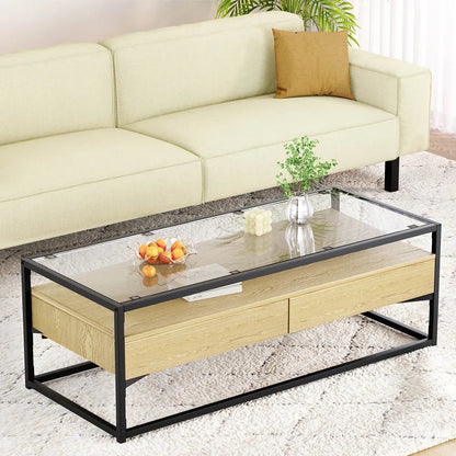 Artiss Coffee Table 2 Drawers Glass Tabletop Pine - Mekamart Australia