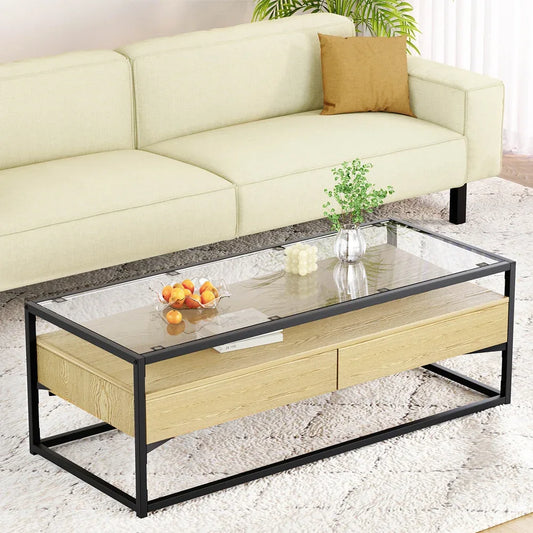 Artiss Coffee Table 2 Drawers Glass Tabletop Pine - Mekamart Australia