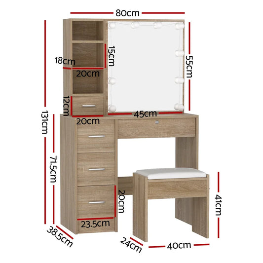Artiss Dressing Table Set Stool 10 Led Bulbs Wood - Mekamart Australia