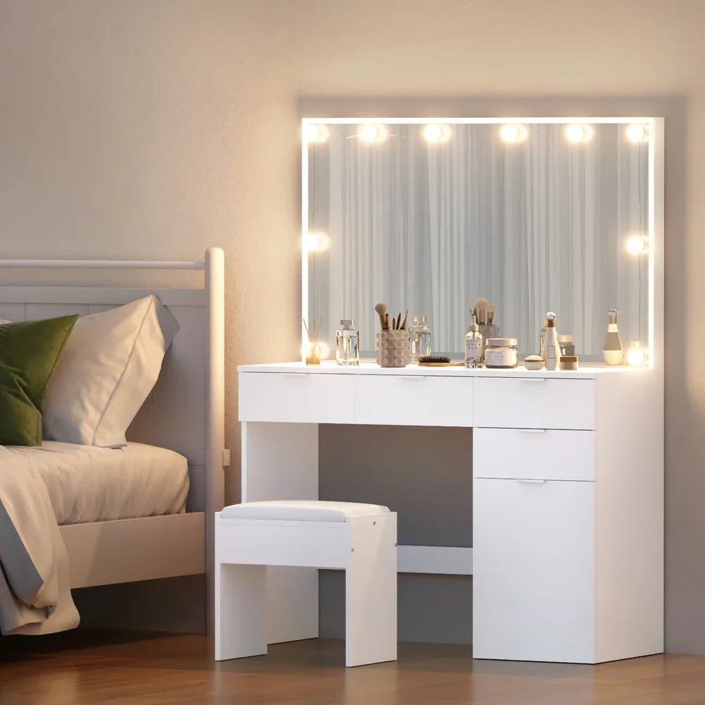 Artiss Dressing Table Set Stool 10 Led Bulbs White - Mekamart Australia