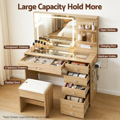 Artiss Dressing Table LED Vanity Desk Set Stool Wood - Mekamart Australia