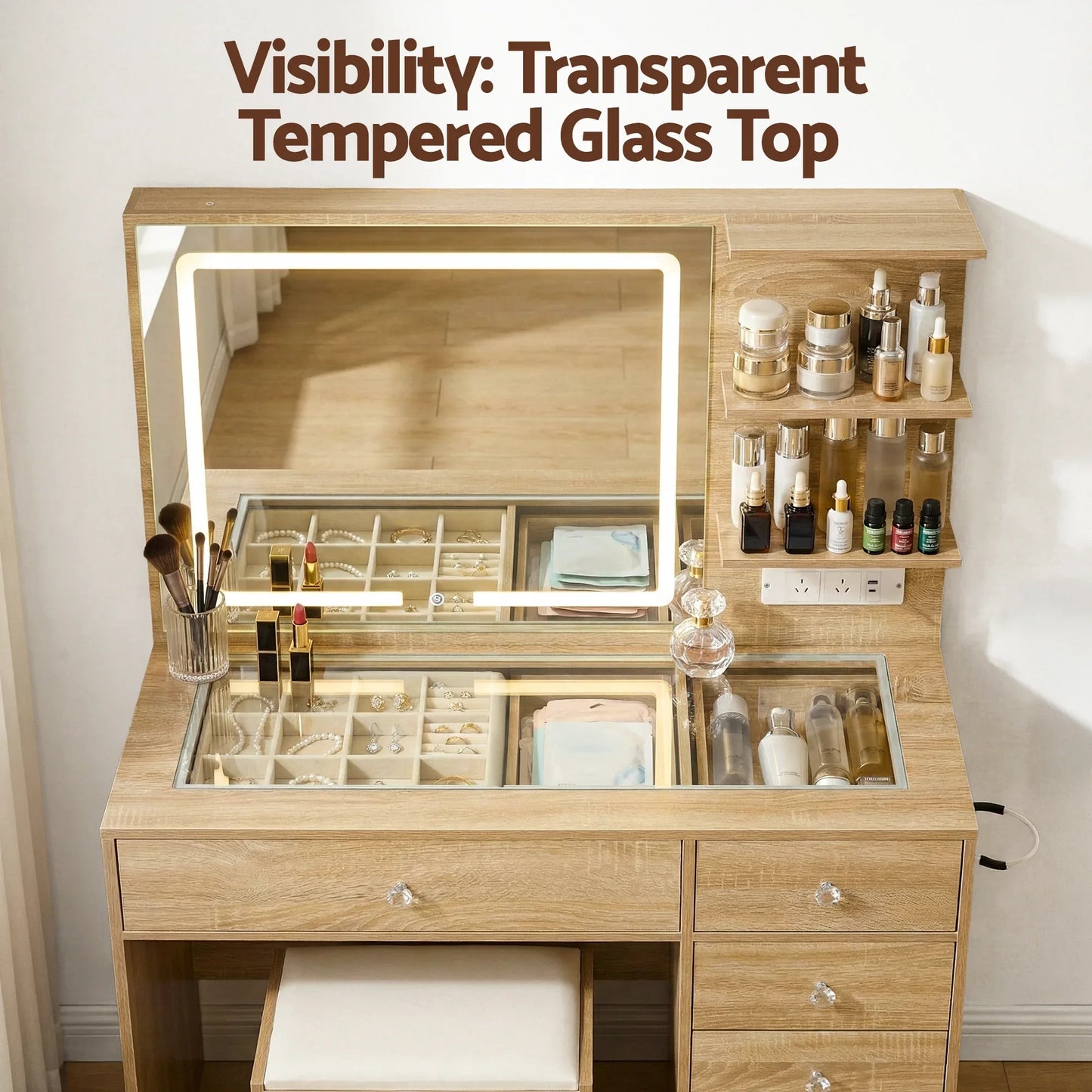 Artiss Dressing Table LED Vanity Desk Set Stool Wood - Mekamart Australia