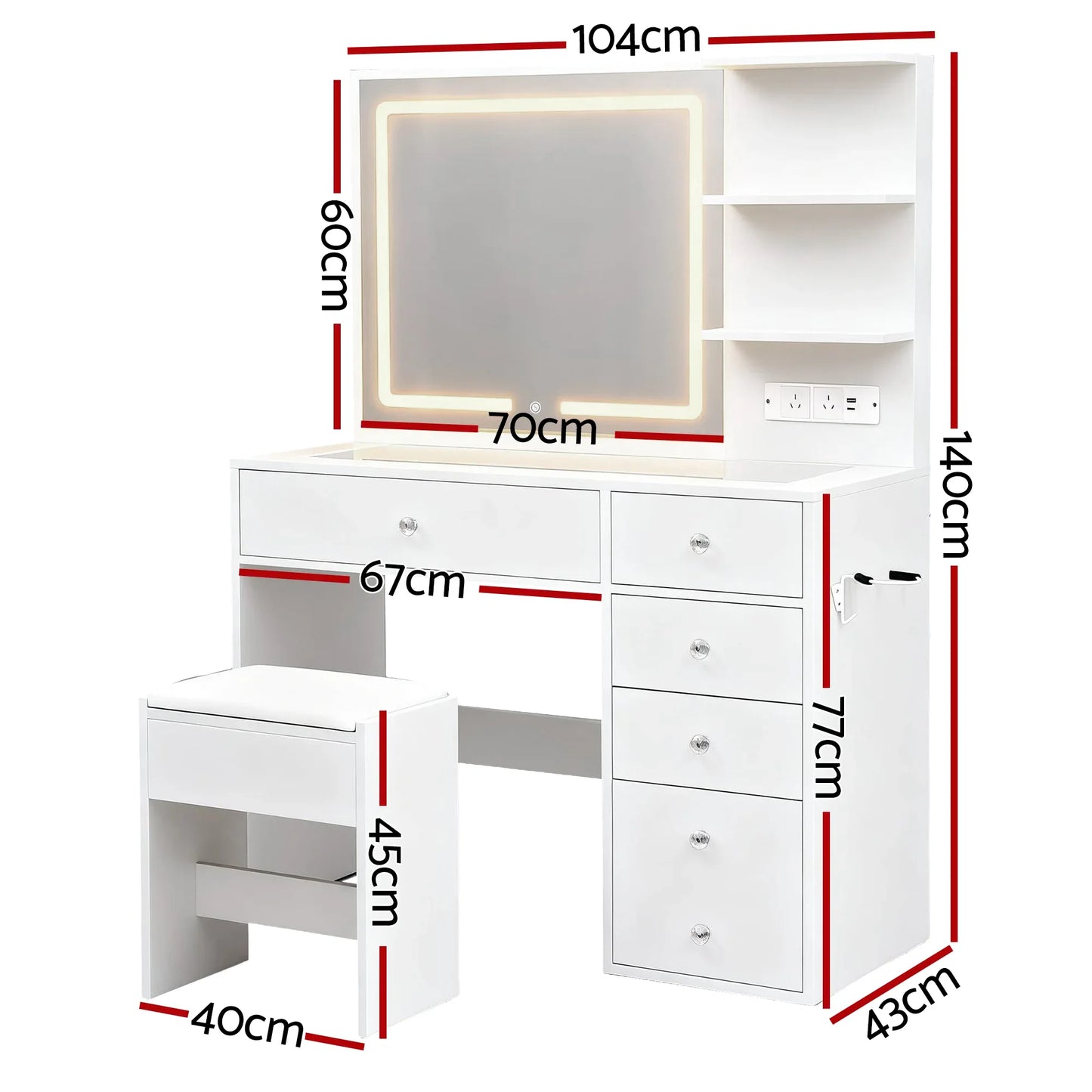 Artiss Dressing Table LED Vanity Desk Set Stool White - Mekamart Australia