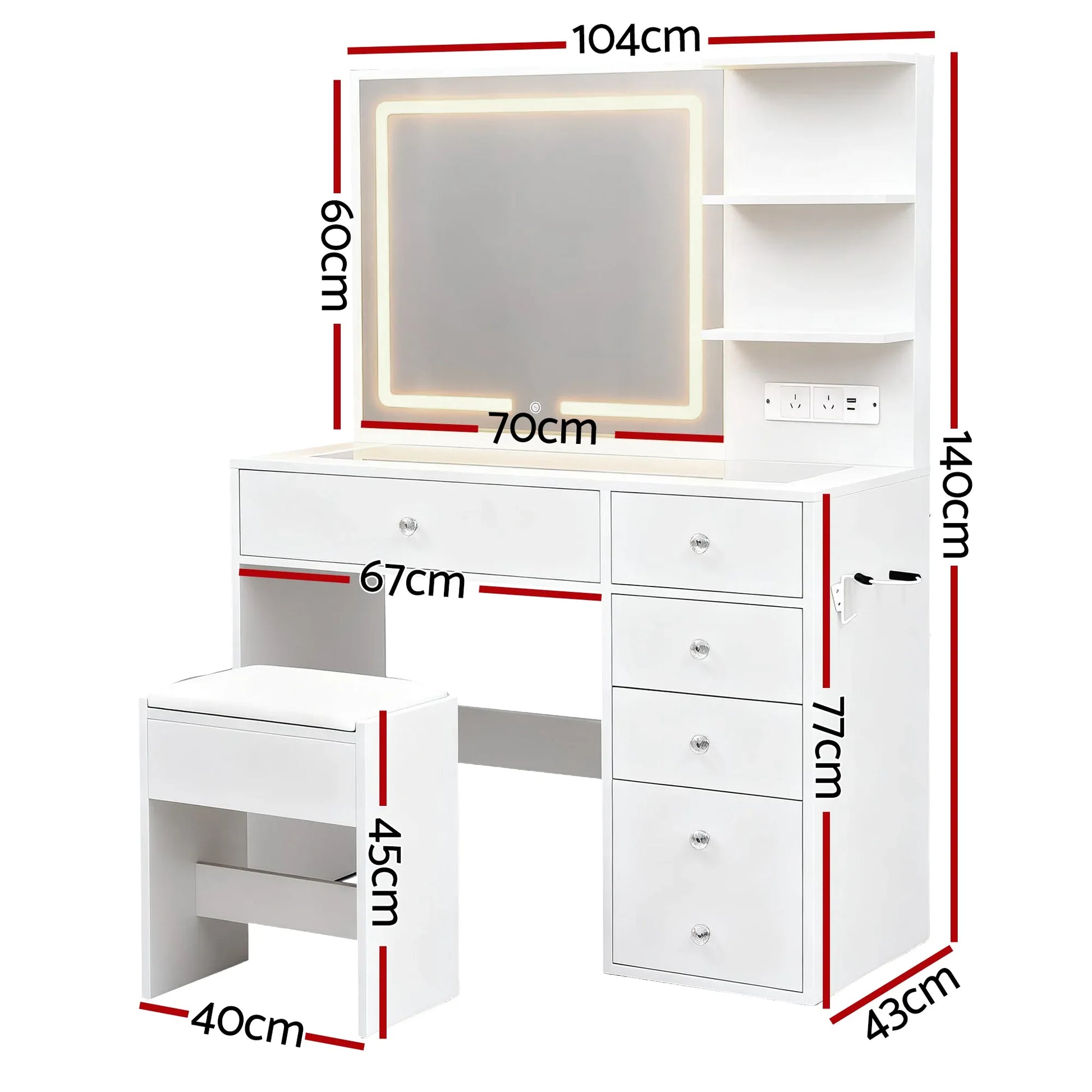 Artiss Dressing Table LED Vanity Desk Set Stool White - Mekamart Australia