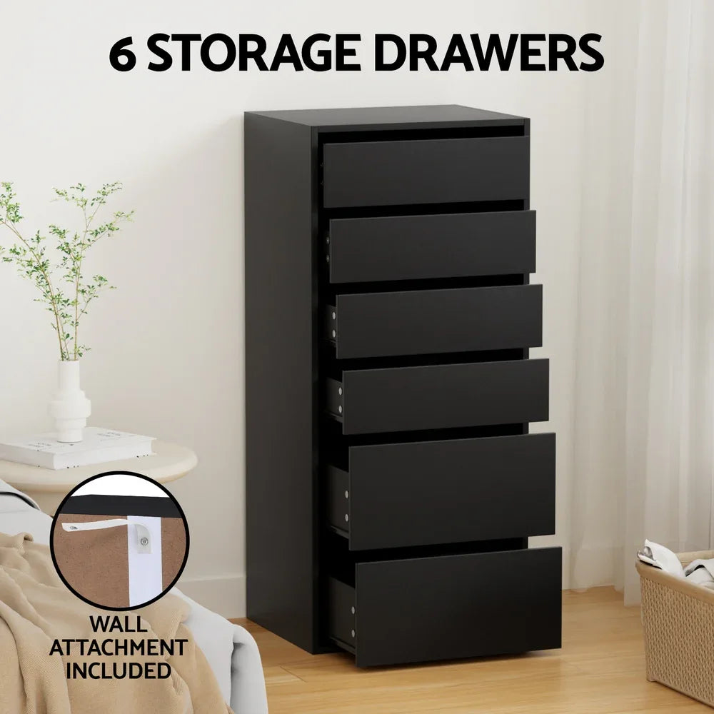 Artiss 6 Chest of Drawers Dresser Tallboy Black - Mekamart Australia