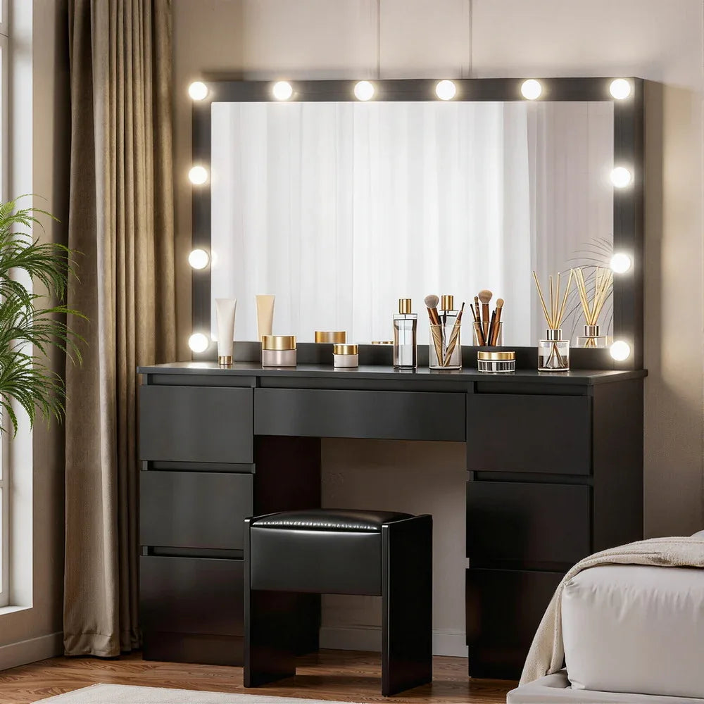 Artiss Dressing Table Vanity Desk Set Stool 12 Led Bulbs Black - Mekamart Australia