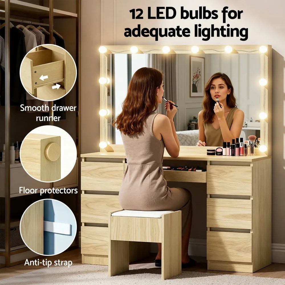 Artiss Dressing Table Vanity Desk Set Stool 12 Led Bulbs Wood - Mekamart Australia