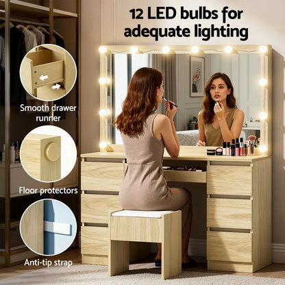 Artiss Dressing Table Vanity Desk Set Stool 12 Led Bulbs Wood - Mekamart Australia