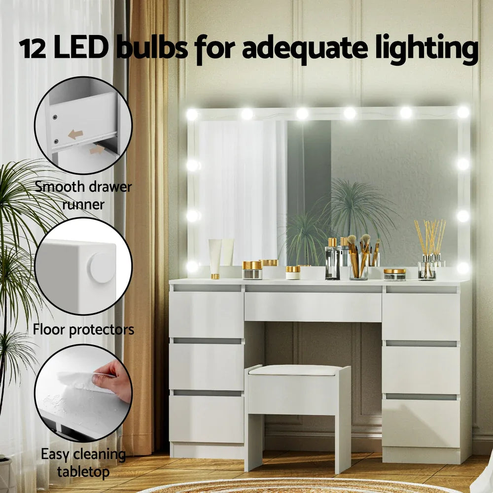 Artiss Dressing Table Vanity Desk Set Stool 12 Led Bulbs White - Mekamart Australia