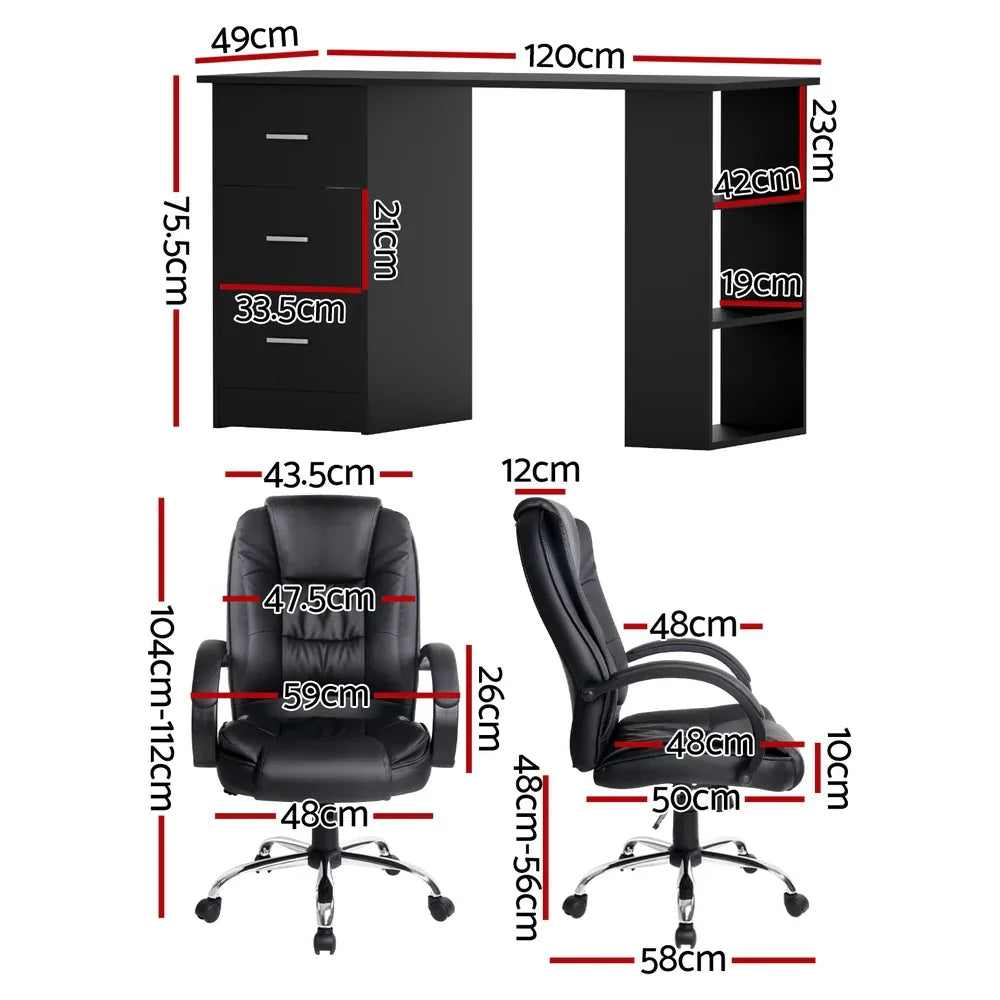 Artiss Computer Desk 120cm Executive Office Chair Set PU Leather High Back Black - Mekamart Australia