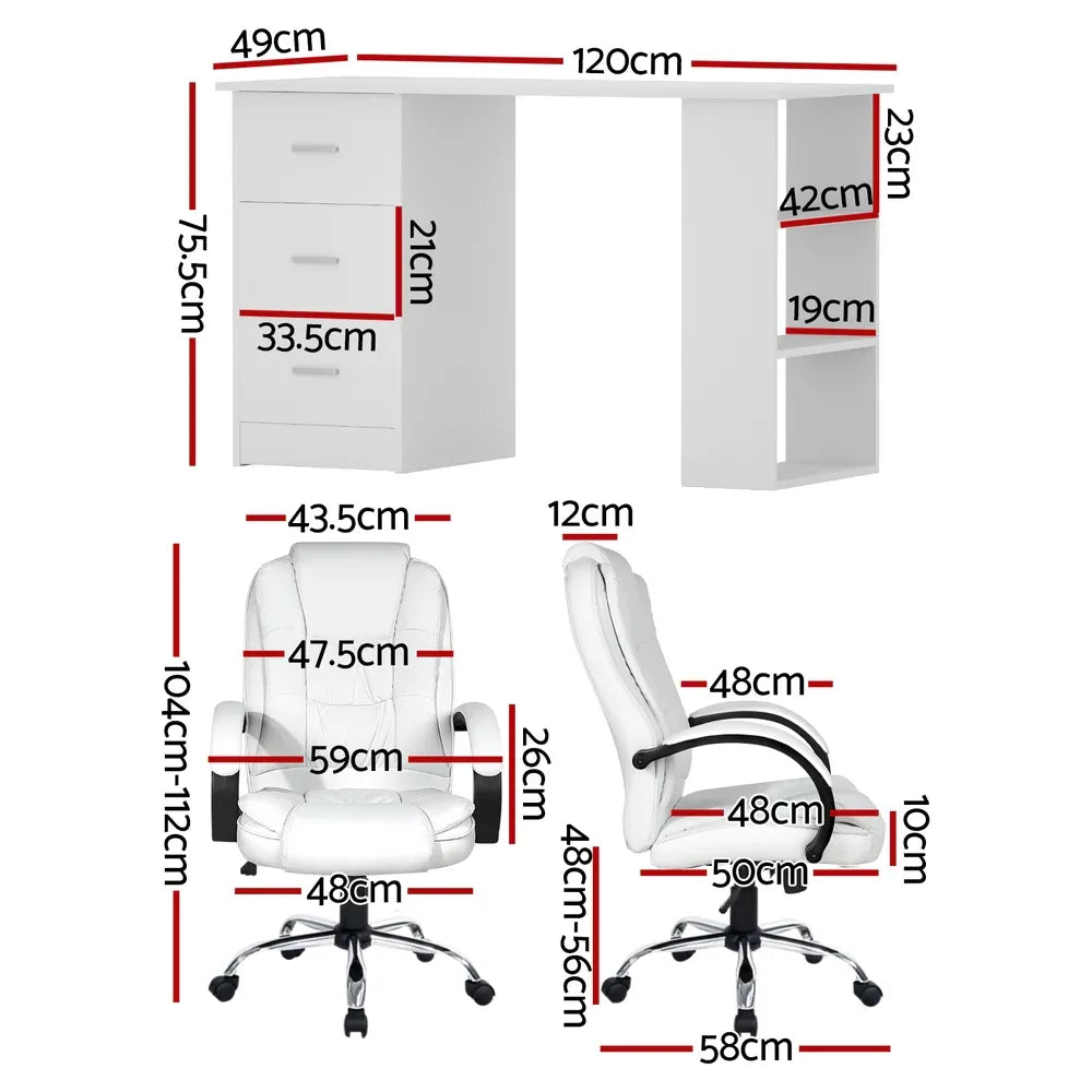 Artiss Computer Desk 120cm Executive Office Chair Set PU Leather High Back White - Mekamart Australia
