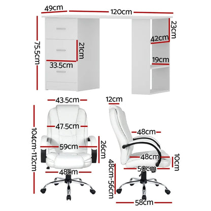 Artiss Computer Desk 120cm Executive Office Chair Set PU Leather High Back White - Mekamart Australia