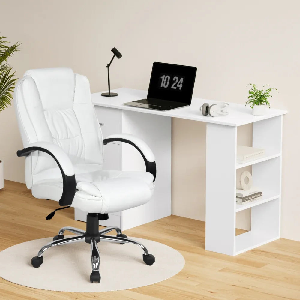 Artiss Computer Desk 120cm Executive Office Chair Set PU Leather High Back White - Mekamart Australia