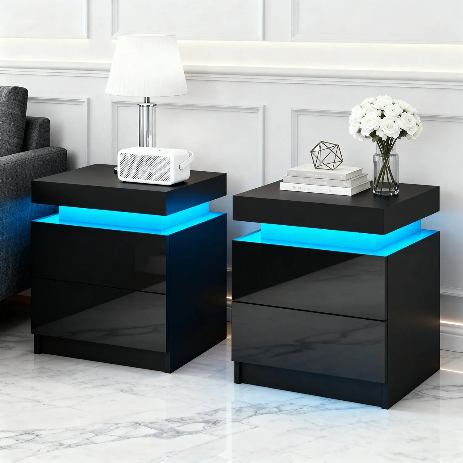 Artiss 2X Bedside Table LED 2 Drawers Lift-up Storage - COLEY Black - Mekamart Australia