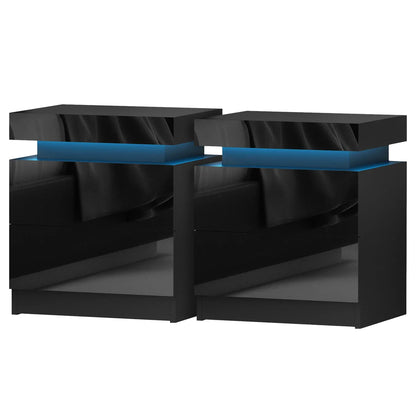 Artiss 2X Bedside Table LED 2 Drawers Lift-up Storage - COLEY Black - Mekamart Australia