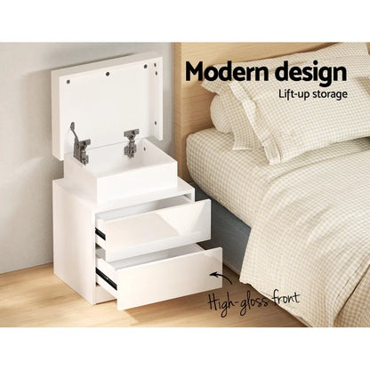 Artiss Bedside Table LED 2 Drawers Lift-up Storage - COLEY White - Mekamart Australia